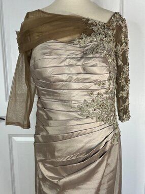 IZIDRESS Knee Length Taupe/Gold Beaded, Pleated Shear Formal Dress 16 worn once